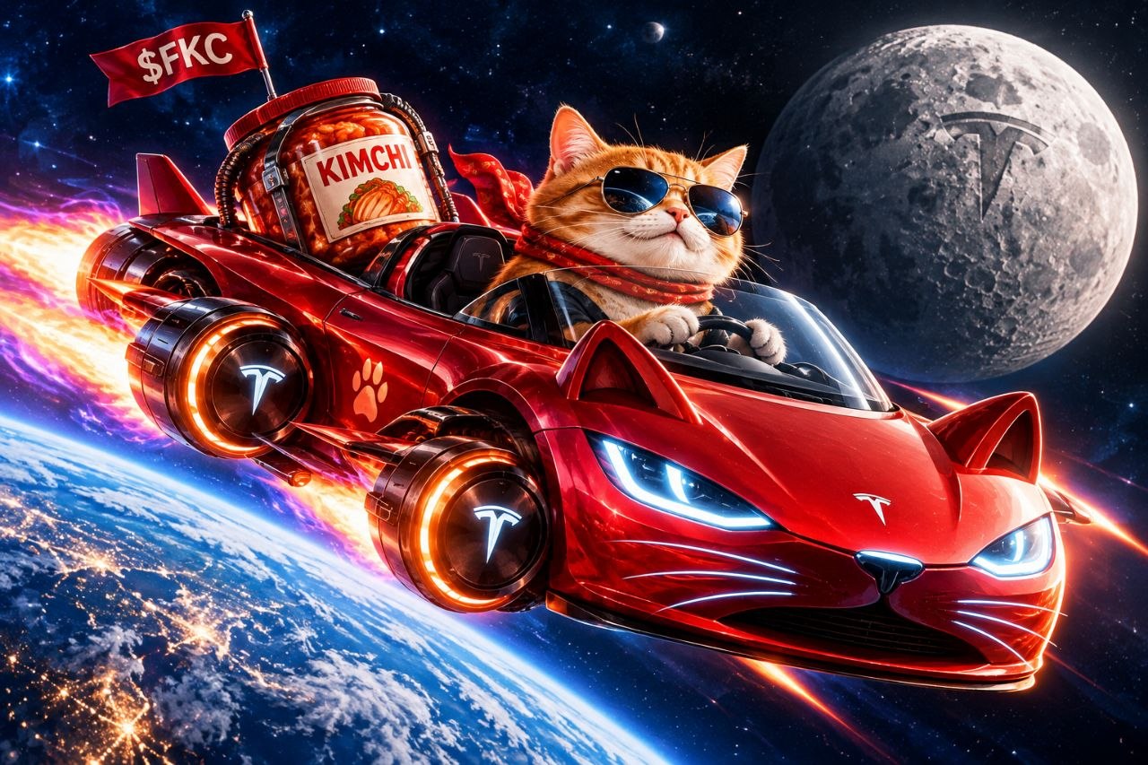 An orange cat in sunglasses driving a red rocket-powered Tesla Roadster past the Earth toward the moon, with a giant kimchi jar strapped behind it